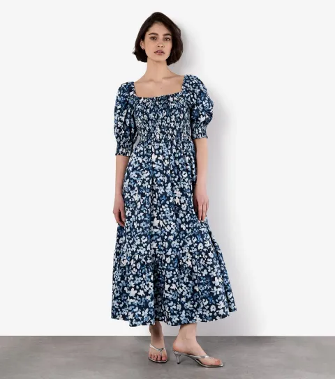 Women's Blue Puff Sleeve Milkmaid Dress