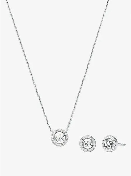 Fulton Precious-Metal Plated Sterling Silver Pavé Logo Charm Necklace and Earrings Gift Set