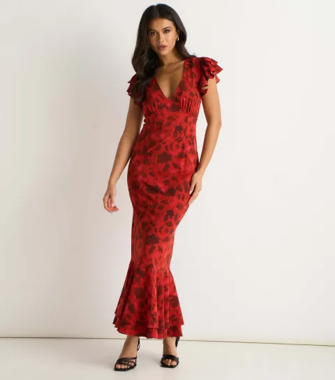 Women's Red Floral Print Ruffle Maxi Dress