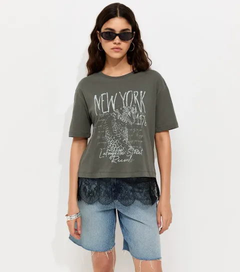 Women's Grey New York Leopard Print Lace Trim T-Shirt