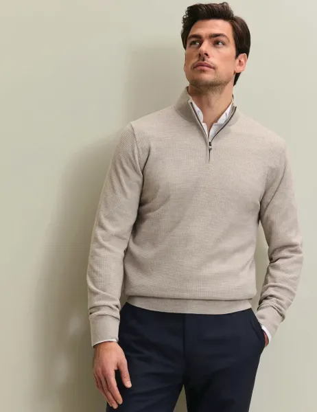 Charles Tyrwhitt Pure Merino Wool Half Zip Jumper Stone