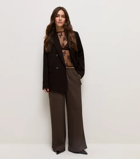 Women's Petite Brown Satin Wide Leg Trousers