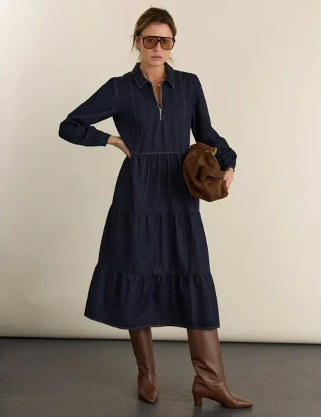 BAUKJEN Pure Cotton Denim Collared Midi Tiered Dress Blue