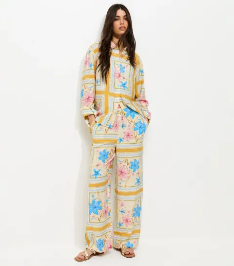 Women's Yellow Tropical Print Wide Leg Trousers