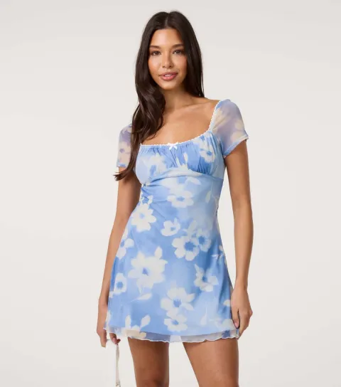 Women's Light Blue Floral Print Mini Dress