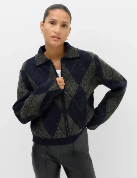 Marks & Spencer Argyle Collared Zip Up Knitted Jacket With Wool Navy Mix