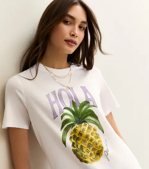 New Look Women's White Hola Pina Logo Crew Neck T-shirt