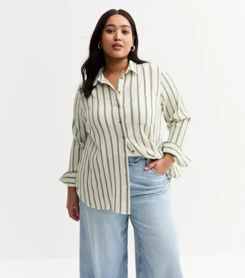 Women's Green Stripe Crinkled Texture Cotton Shirt