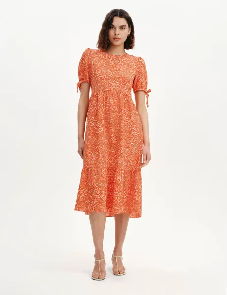 Finery London Floral Puff Sleeve Midi Tiered Dress Red Mix