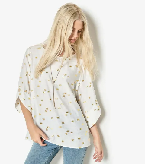 Women's White Foil Fan Cropped Sleeve Top