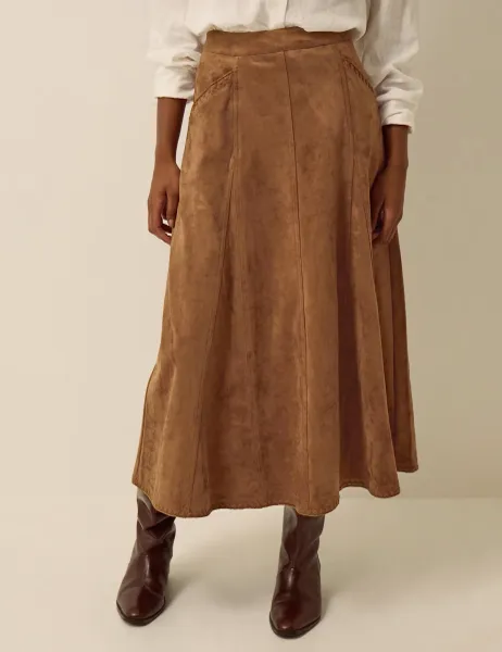 Monsoon Suedette Midi A-Line Skirt Brown