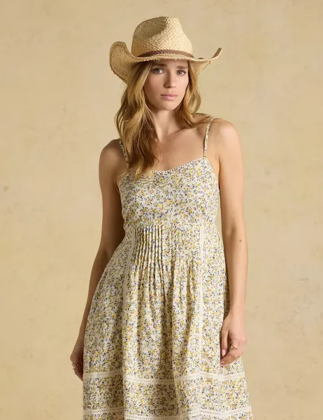 Joules Pure Cotton Ditsy Floral Strappy Skater Dress Yellow Mix
