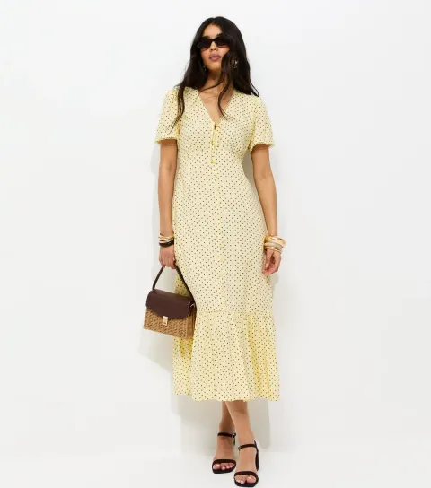 Women's Light Yellow Button Through Tea Midi Dress