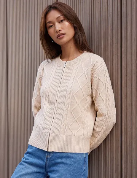 Roman Knitted Cable Cropped Bomber Jacket Ivory Mix