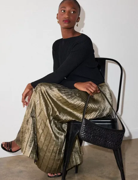 Whistles Metallic Pleated Midi Skirt