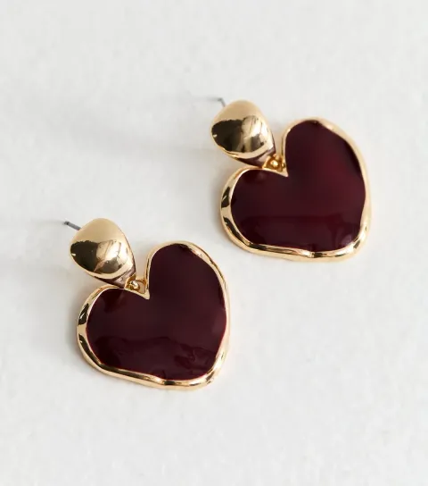 Burgundy Enamel Heart Shaped Earrings