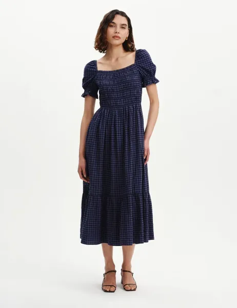 Cotton Blend Gingham Square Neck Midi Dress Navy Mix