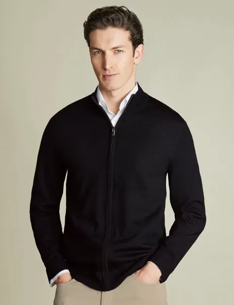Pure Merino Wool Funnel Neck Cardigan Black