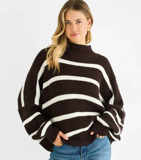 Women's Chocolate Stripe Chunky Knit High Neck Jumper