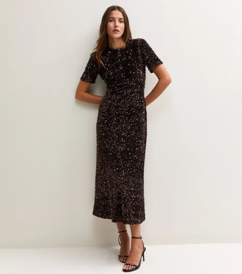 New Look Women's Dark Brown Sequin Embellished Midi Dress