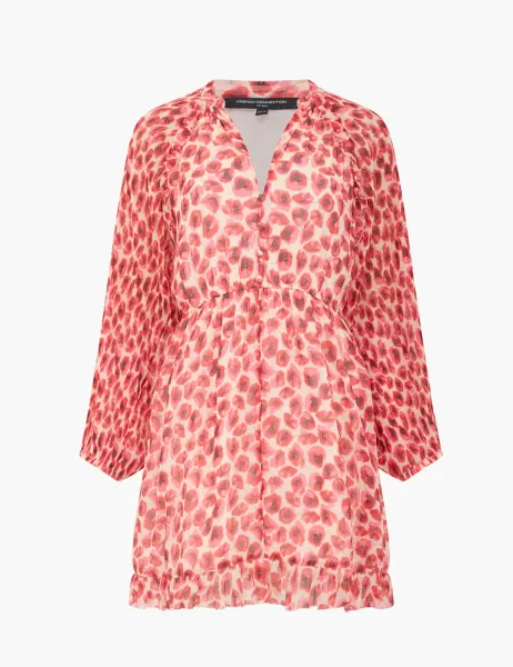 French Connection Plisse Floral V-Neck Ruffle Mini Shift Dress Red Mix