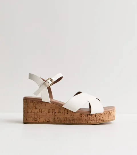 Women's Wide Fit White Faux Leather Cork Platform Sandals Vegan