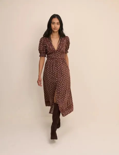 Nobody's Child Floral V-Neck Button Front Midi Tea Dress Brown
