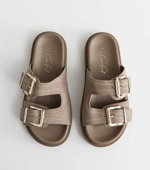 New Look Women's Wide Fit Light Brown Faux Leather Double Strap Flat Mules Vegan
