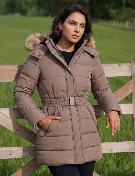 Roman Padded Hooded Belted Faux Fur Detail Coat Chocolate