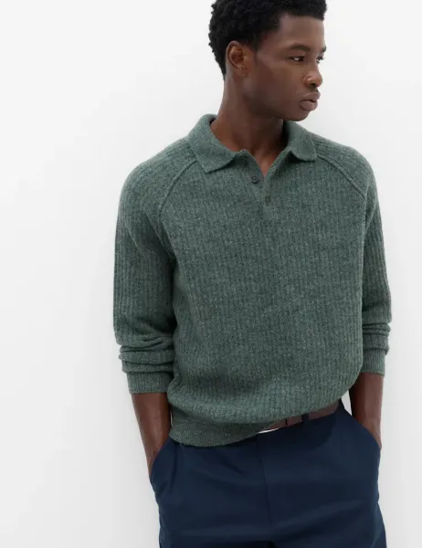 Marks & Spencer Lofty Relaxed Fit Ribbed Knit Polo Shirt Cedar