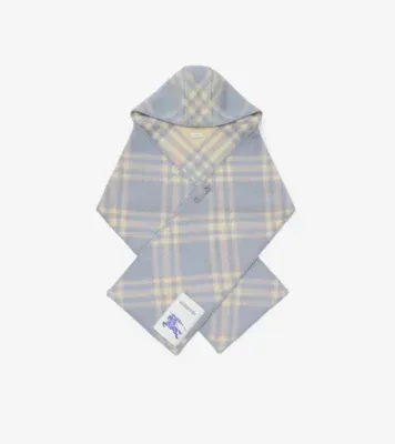 Check Wool Hooded Scarf in Dive blue
