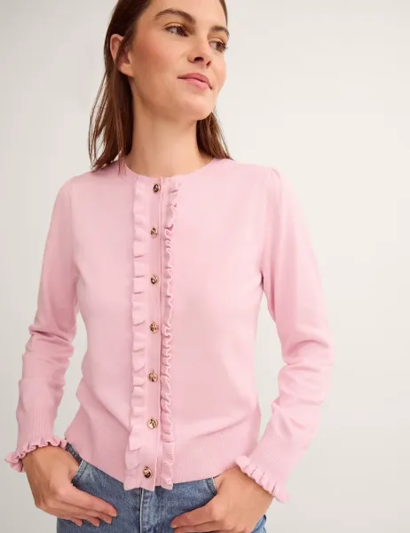 Monsoon Crew Neck Ruffle Button Front Cardigan Pink