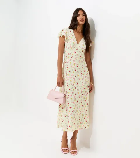 Women's Cream Floral Flutter Sleeve Lace Trim Midi Dress