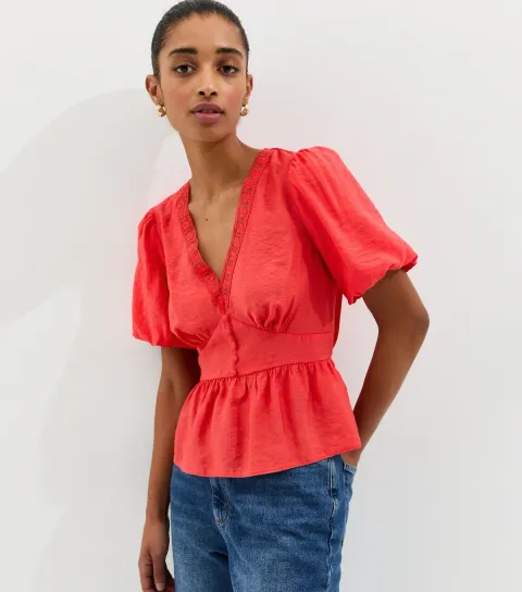 New Look Women's Coral Lace Trim Button up Tea Blouse