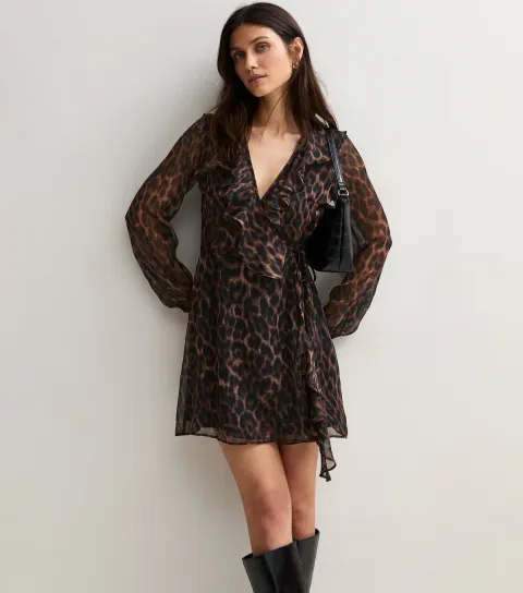 New Look Women's Brown Leopard Print Frill Wrap Mini Dress