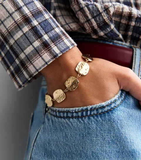 Gold Tone Textured Square Link Bracelet