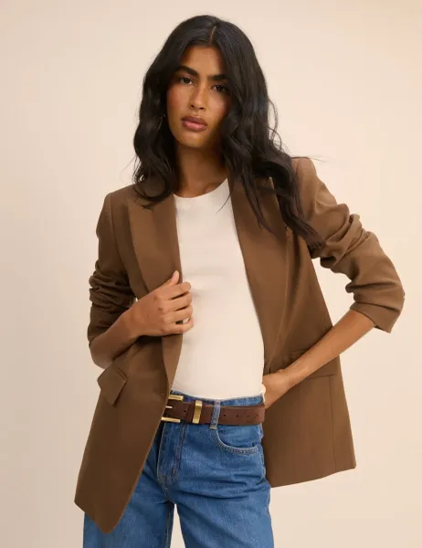Nobody's Child Relaxed Single Breasted Blazer with Wool Brown