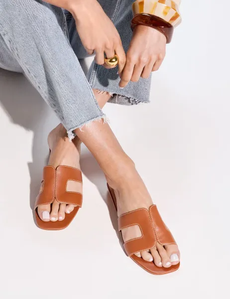 Dune London Leather Block Heel Sliders Tan