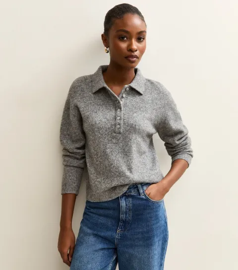 Women's Mid Grey Midweight Knit Polo Jumper