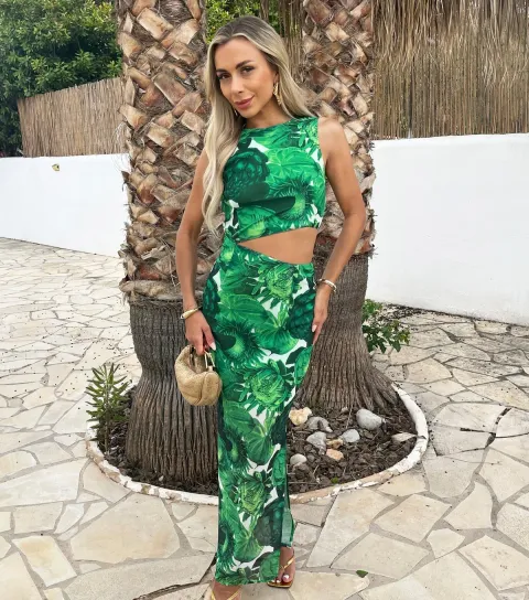 Women's Green Floral Cut Out Mesh Midi Dress