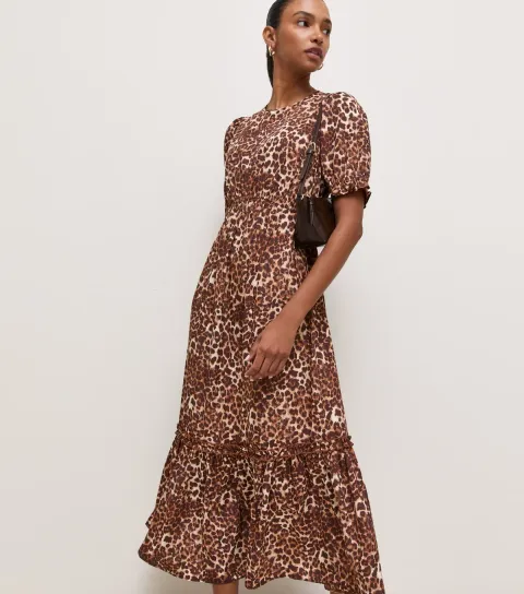 Women's Maternity Brown Crepe Leopard Print Short Sleeve Midi Dress