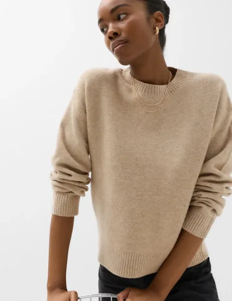 Marks & Spencer Crew Neck Relaxed Jumper with Wool Medium Beige