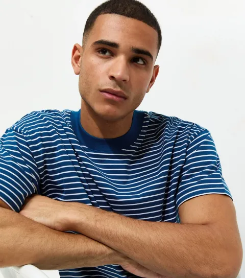Men's Blue Boxy Fit Striped T-Shirt