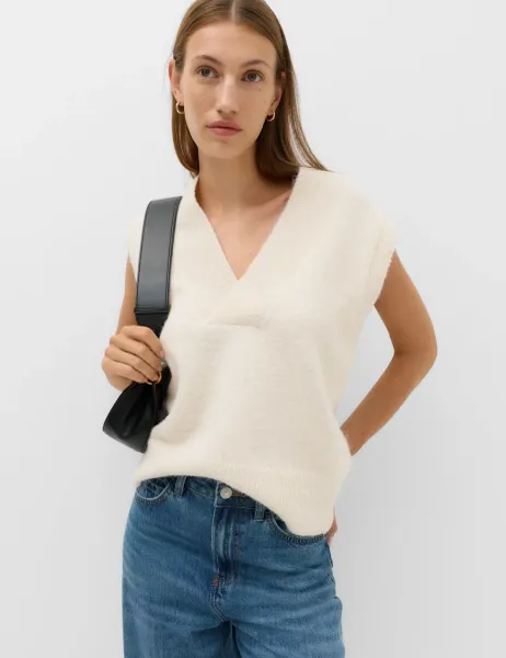Marks & Spencer V Neck Cropped Knitted Vest With Wool Light Cream