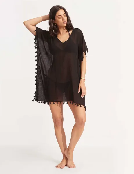Seafolly Amnesia Pure Cotton Tassel Beach Cover Up Kaftan Black