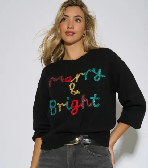 Gini London Women's Black Merry & Bright Christmas Knitted Jumper
