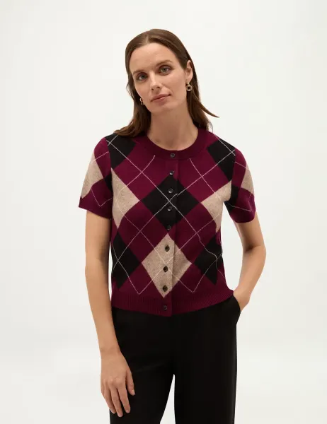 Wool Blend Argyle Cadigan Purple