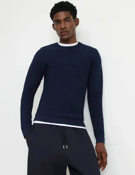 River Island Ribbed Ottoman Crew Neck Jumper Navy