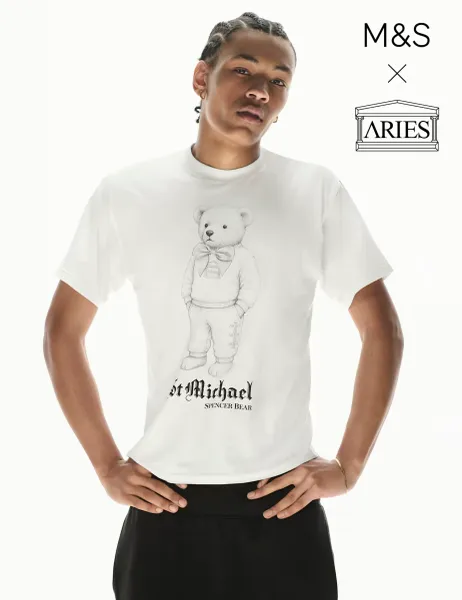 M&S x Aries Pure Cotton Spencer Bear Graphic T-Shirt White