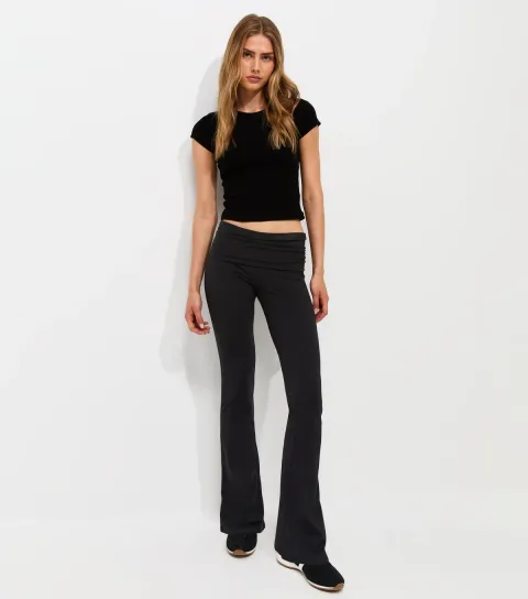 Women's Black Cotton Rich Fold Over Waistband Flared Leggings